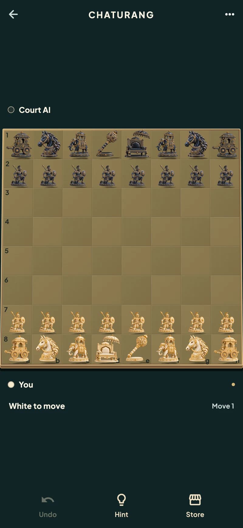 Chaturang’s palace-court board with sculpted pieces